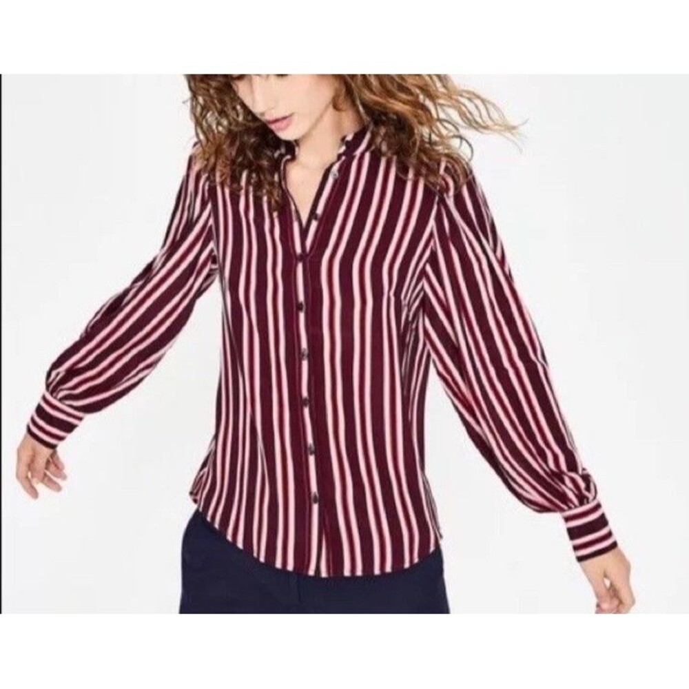 Boden Women's Blouson Sleeve Silk Striped Wine Career Button Up Sz 6